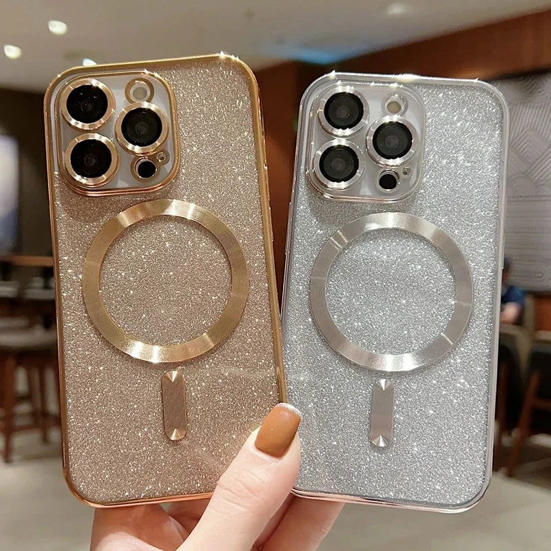 Luxury Electroplate Magsafe Wireless Charge Phone Case For iPhone 14 13 12 11 Pro Max Plus Soft Bumper Glitter Cover - Slobuy