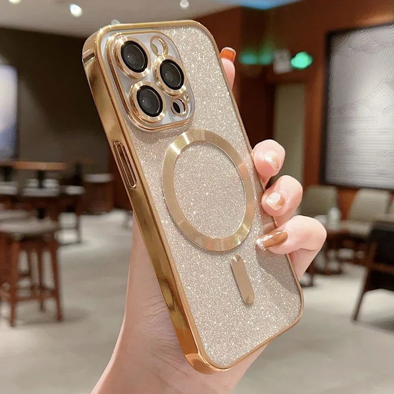 Luxury Electroplate Magsafe Wireless Charge Phone Case For iPhone 14 13 12 11 Pro Max Plus Soft Bumper Glitter Cover - Slobuy