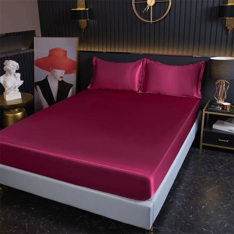 Luxury Satin Fitted Sheet High-End Solid Color Mattress Cover With Elastic Band Bed Sheet Rayon Fit Sheet - Slobuy