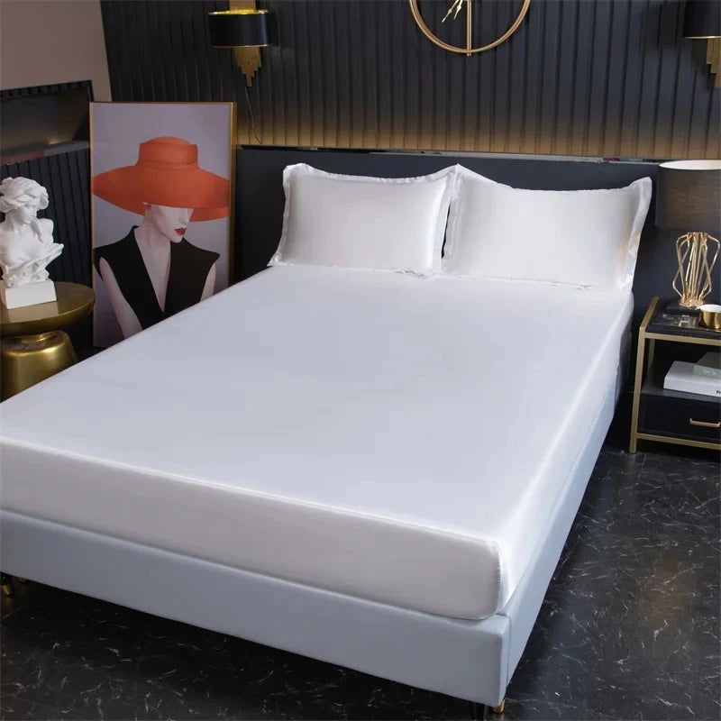 Luxury Satin Fitted Sheet High-End Solid Color Mattress Cover With Elastic Band Bed Sheet Rayon Fit Sheet - Slobuy