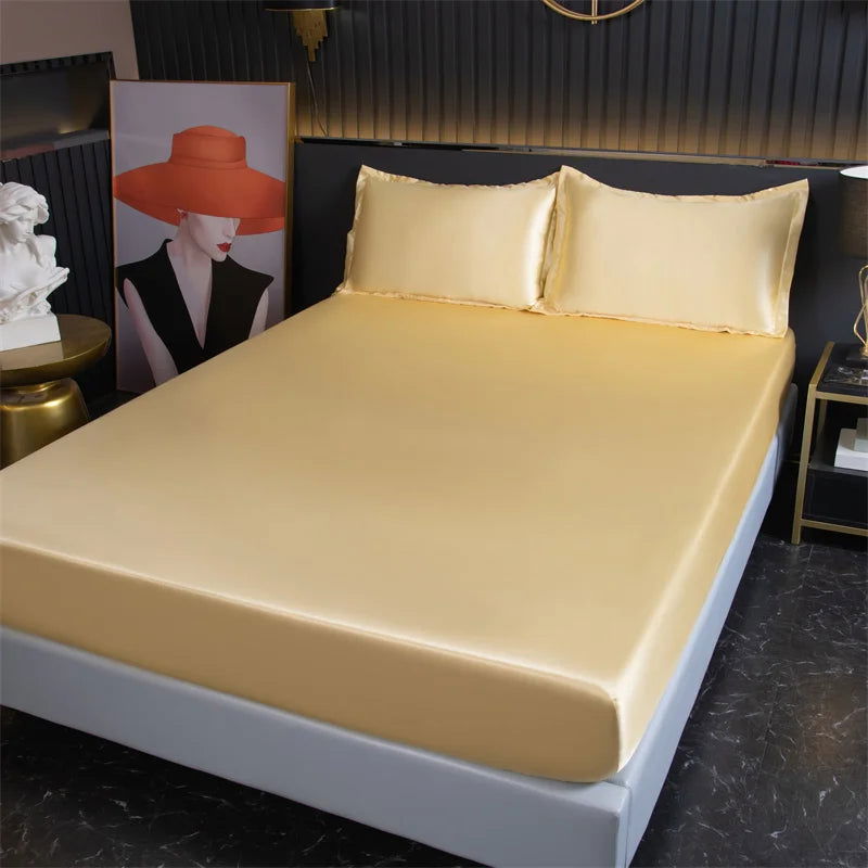 Luxury Satin Fitted Sheet High-End Solid Color Mattress Cover With Elastic Band Bed Sheet Rayon Fit Sheet - Slobuy