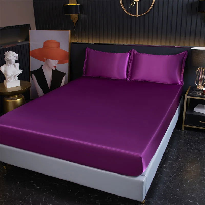 Luxury Satin Fitted Sheet High-End Solid Color Mattress Cover With Elastic Band Bed Sheet Rayon Fit Sheet - Slobuy
