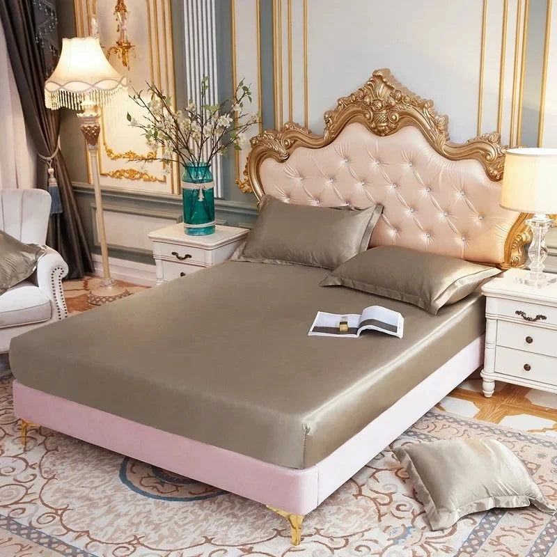 Luxury Satin Fitted Sheet High-End Solid Color Mattress Cover With Elastic Band Bed Sheet Rayon Fit Sheet - Slobuy