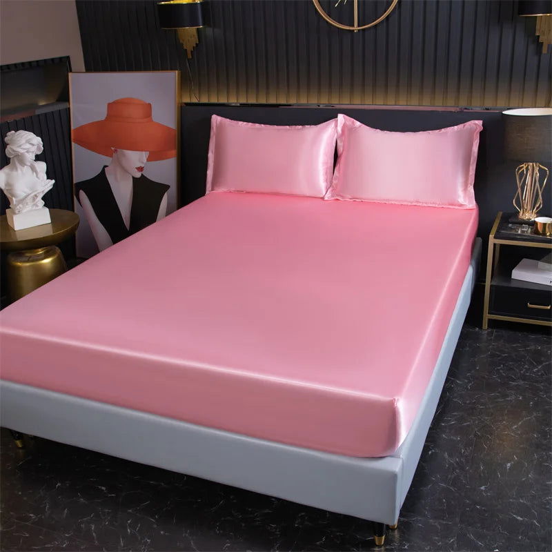 Luxury Satin Fitted Sheet High-End Solid Color Mattress Cover With Elastic Band Bed Sheet Rayon Fit Sheet - Slobuy