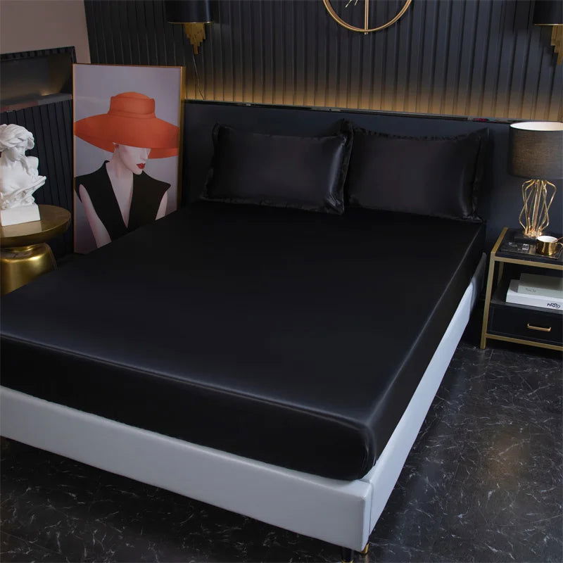 Luxury Satin Fitted Sheet High-End Solid Color Mattress Cover With Elastic Band Bed Sheet Rayon Fit Sheet - Slobuy