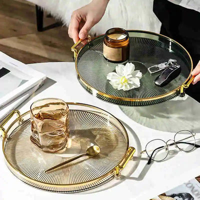 Luxury Storage Tray With Golden Handle Household Tea Dessert Fruit Storage Tray Living Room Kitchen Storage Plate Dinner Plate - Slobuy