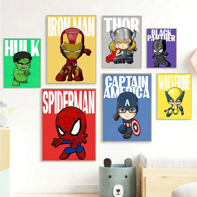 MINISO Marvel Wall Art Posters SpiderMan Iron Man Avengers Superhero Disney Kid Room Decor Cartoon Canvas Painting Picture Print - Slobuy
