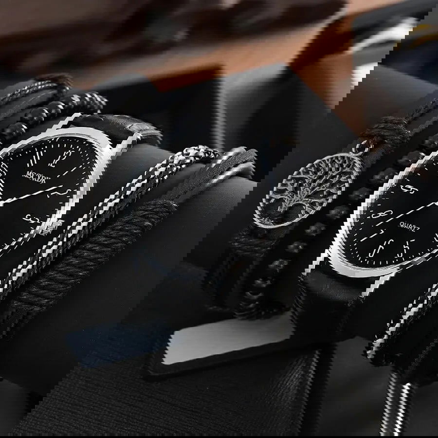 MSCXDK Brand 5pcs Black Quartz Watches Bracelet Men Business Casual Round Watch Life Tree PU Leather Bracelets Sets - Slobuy