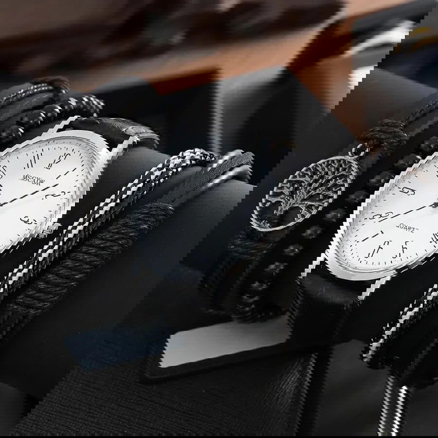 MSCXDK Brand 5pcs Black Quartz Watches Bracelet Men Business Casual Round Watch Life Tree PU Leather Bracelets Sets - Slobuy