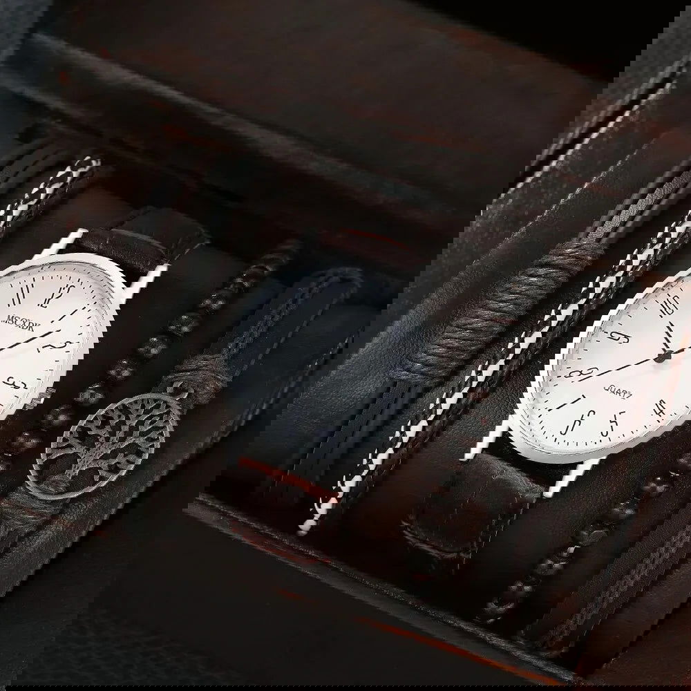 MSCXDK Brand 5pcs Black Quartz Watches Bracelet Men Business Casual Round Watch Life Tree PU Leather Bracelets Sets - Slobuy