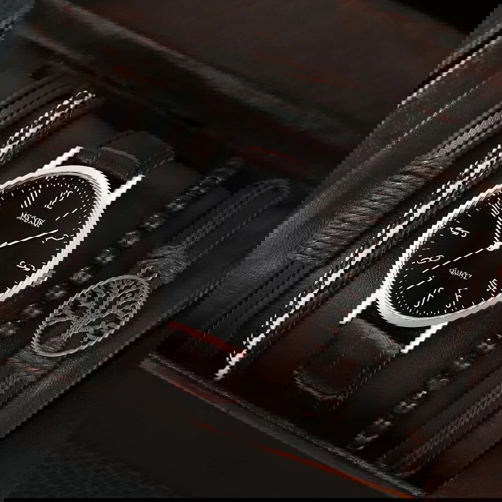 MSCXDK Brand 5pcs Black Quartz Watches Bracelet Men Business Casual Round Watch Life Tree PU Leather Bracelets Sets - Slobuy