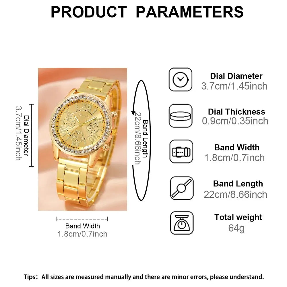MSCXDK Brand 6PCS Set Women Fashion Watch Stainless Steel Belt Watches Roman Dial Quartz Wristwatches Dress Clock Montre Femme - Slobuy