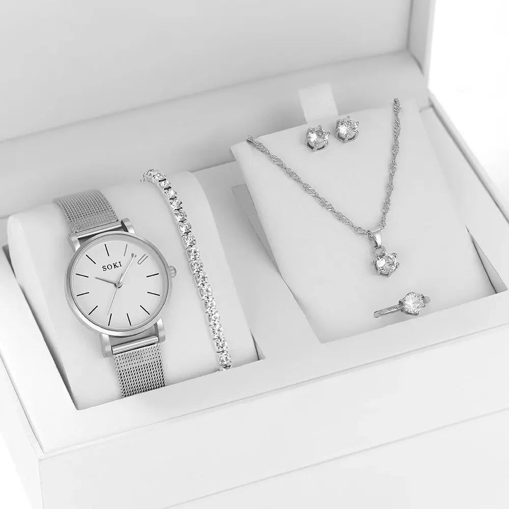 MSCXDK Brand 6PCS Set Women Fashion Watch Stainless Steel Belt Watches Roman Dial Quartz Wristwatches Dress Clock Montre Femme - Slobuy