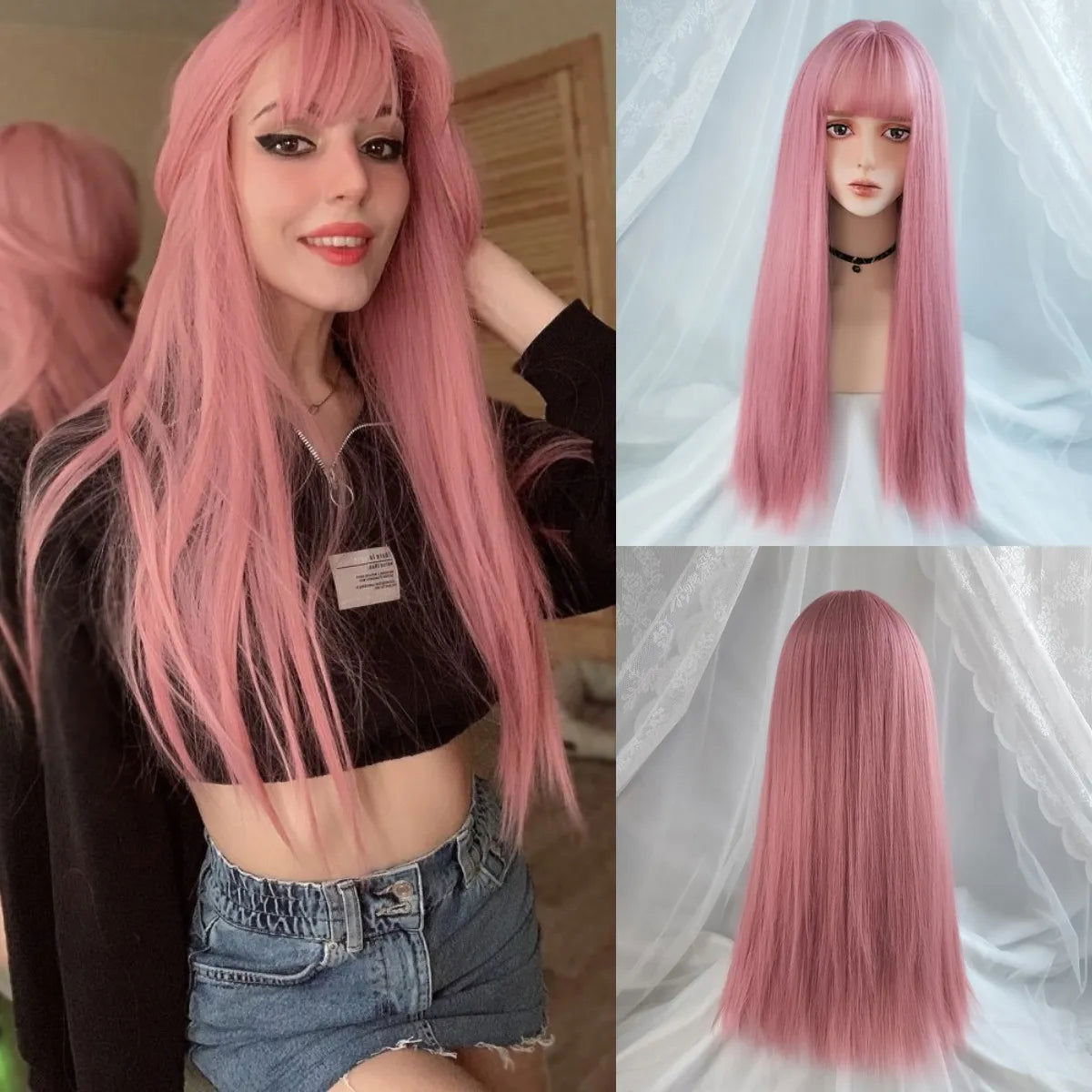 MSIWIGS Women's Synthetic Cosplay Lolita Wigs With Cut Bang Blue Pink Blonde Red Long Straight Hair For Party Lady Girl - Slobuy