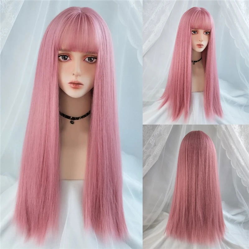 MSIWIGS Women's Synthetic Cosplay Lolita Wigs With Cut Bang Blue Pink Blonde Red Long Straight Hair For Party Lady Girl - Slobuy