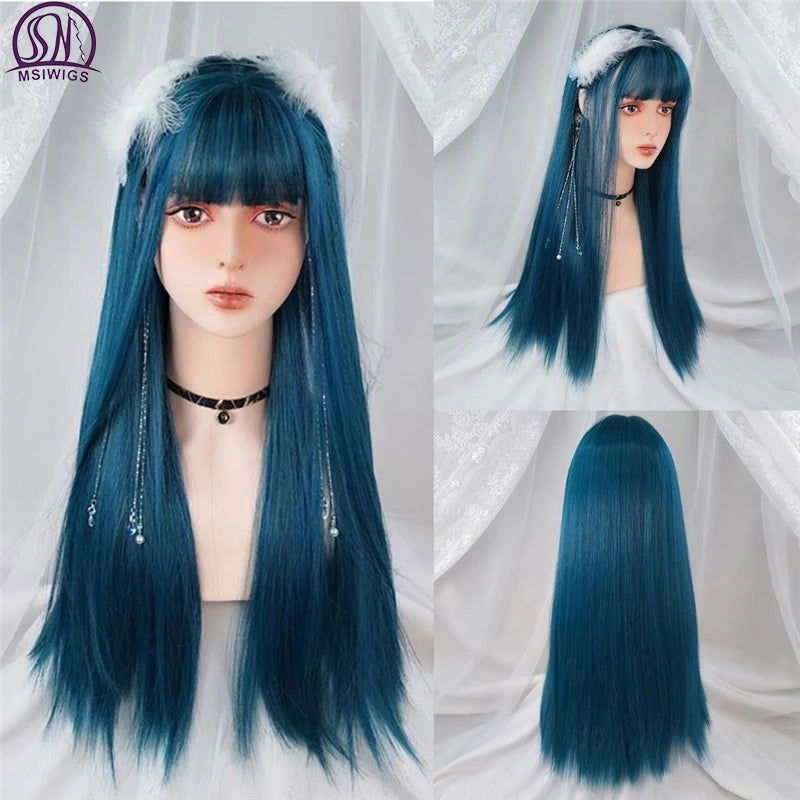 MSIWIGS Women's Synthetic Cosplay Lolita Wigs With Cut Bang Blue Pink Blonde Red Long Straight Hair For Party Lady Girl - Slobuy