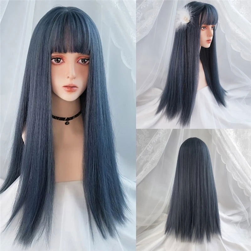 MSIWIGS Women's Synthetic Cosplay Lolita Wigs With Cut Bang Blue Pink Blonde Red Long Straight Hair For Party Lady Girl - Slobuy