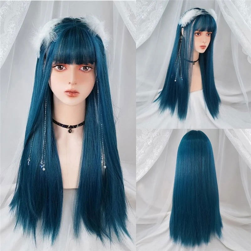 MSIWIGS Women's Synthetic Cosplay Lolita Wigs With Cut Bang Blue Pink Blonde Red Long Straight Hair For Party Lady Girl - Slobuy