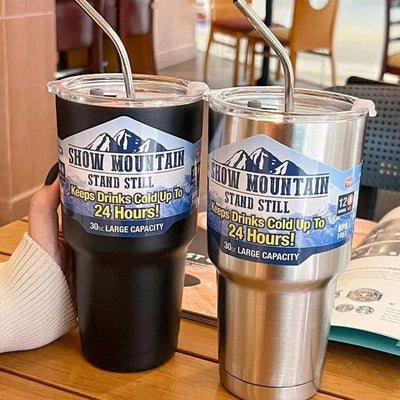 Magic Stainless Steel Freeze Thermos Cup with Straw Ice Coffee Drink Vacuum Insulated Bottle Car Travel Outdoor Mountain Cup - Slobuy