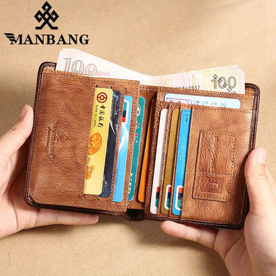 Manbang Men's Wallets RFID Genuine Leather Trifold Wallets For Men with ID Window and Credit Card Holder - Slobuy