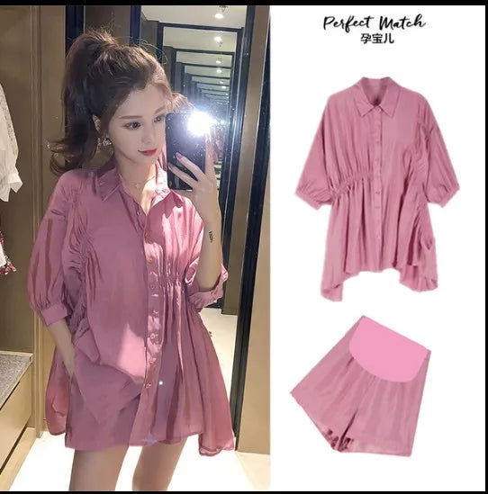 Maternity Summer Clothing Suits Solid Color Turn-Down Collar Shirts+Belly Shorts Twinset Loose Pregnant Woman Clothes Set Casual - Slobuy