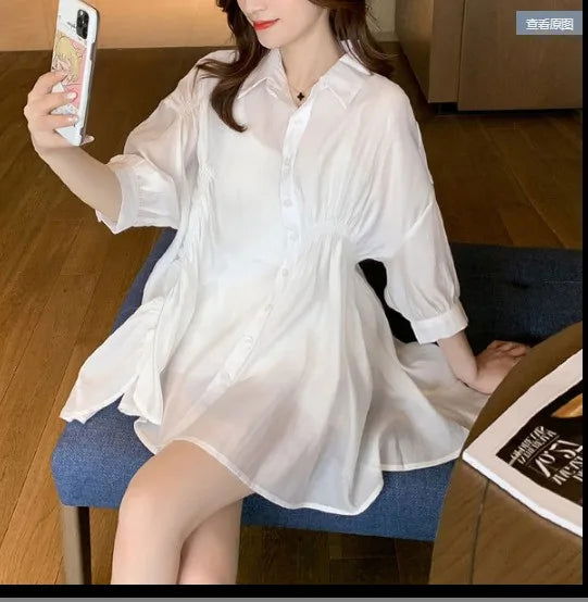 Maternity Summer Clothing Suits Solid Color Turn-Down Collar Shirts+Belly Shorts Twinset Loose Pregnant Woman Clothes Set Casual - Slobuy