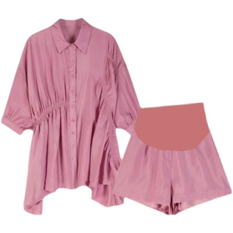 Maternity Summer Clothing Suits Solid Color Turn-Down Collar Shirts+Belly Shorts Twinset Loose Pregnant Woman Clothes Set Casual - Slobuy