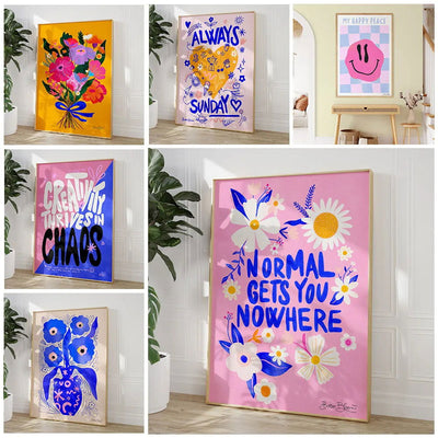 Maximalist Art Poster,Pink Floral Wall Art Picture,Bright Colors Boho Art Print Canvas For Modern Living Room bedroom Home Decor - Slobuy