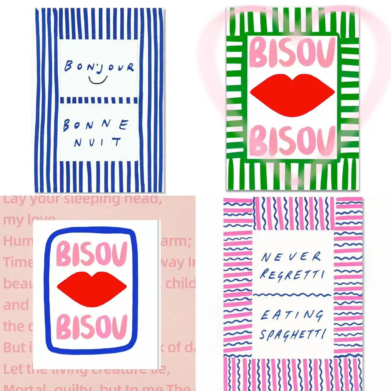 Maximalist Eclectic Pink French Quotes Bisou Bisou Bonjour Bonne Nuit Wall Art Canvas Painting Posters Living Room Home Decor - Slobuy