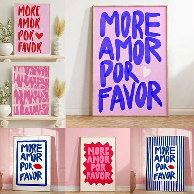 Maximalist More Amor Por Favor Love Quote Wall Art Canvas Painting Eclectic Blue Pink Poster Prints Pics For Modern Home Decor - Slobuy
