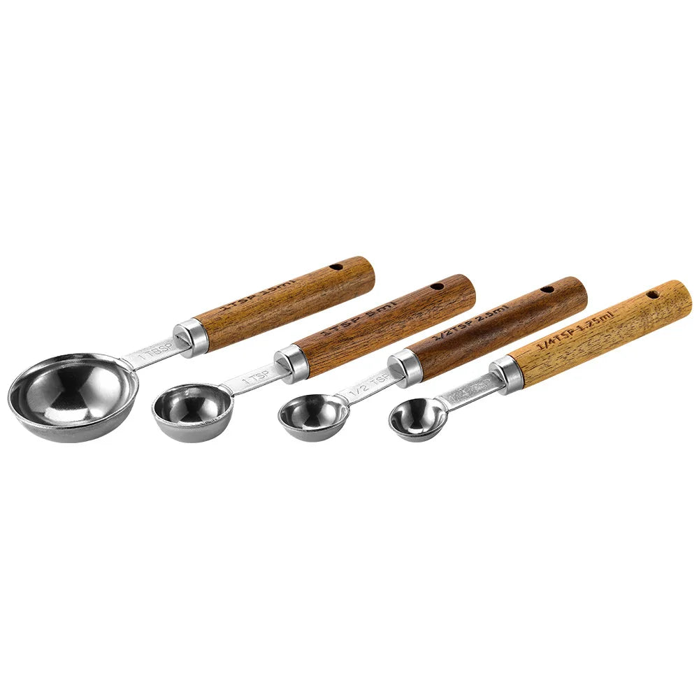 Measuring Spoon Set Wooden Handle Stainless Steel Measuring Cups Spoons Baking Tools Coffee Bartending Scale Kitchen Accessories - Slobuy