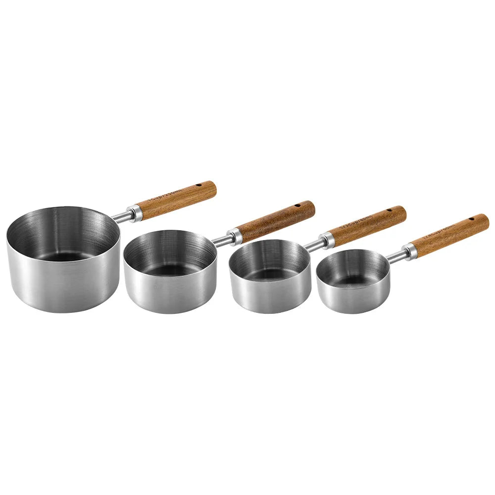 Measuring Spoon Set Wooden Handle Stainless Steel Measuring Cups Spoons Baking Tools Coffee Bartending Scale Kitchen Accessories - Slobuy