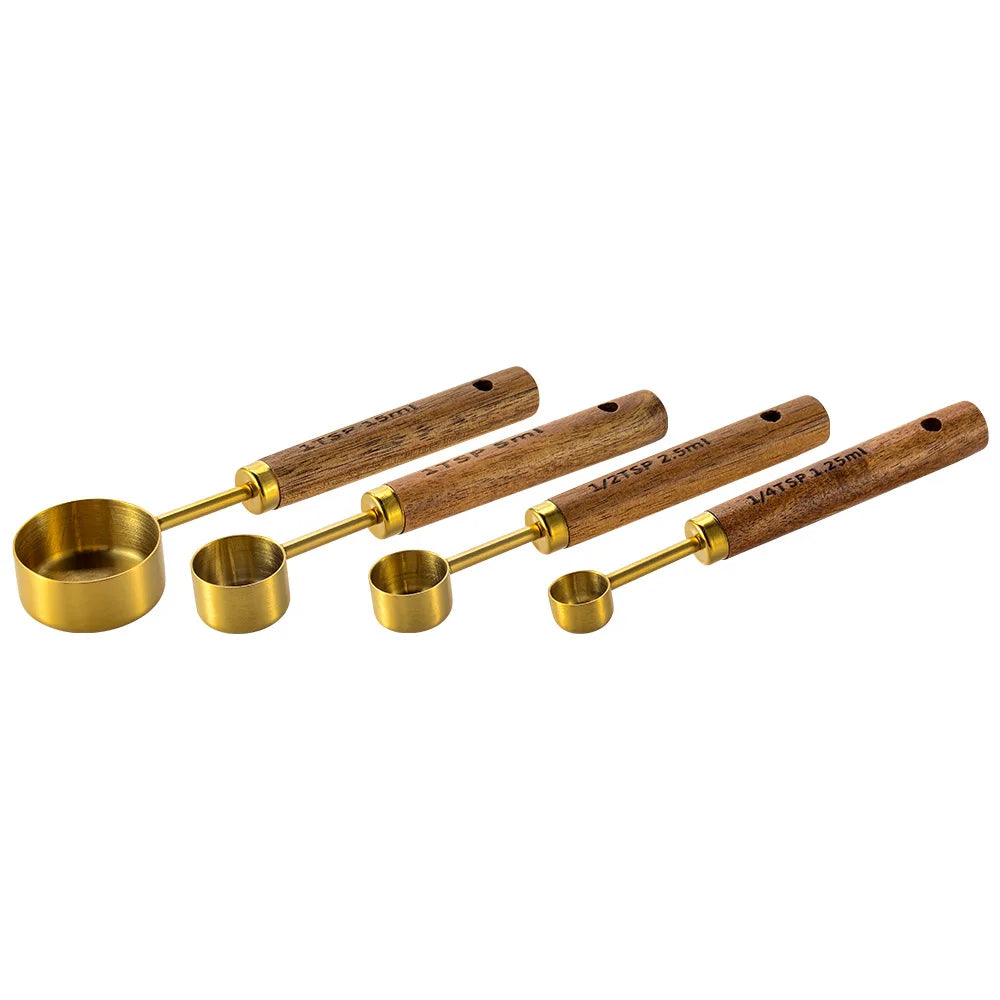 Measuring Spoon Set Wooden Handle Stainless Steel Measuring Cups Spoons Baking Tools Coffee Bartending Scale Kitchen Accessories - Slobuy