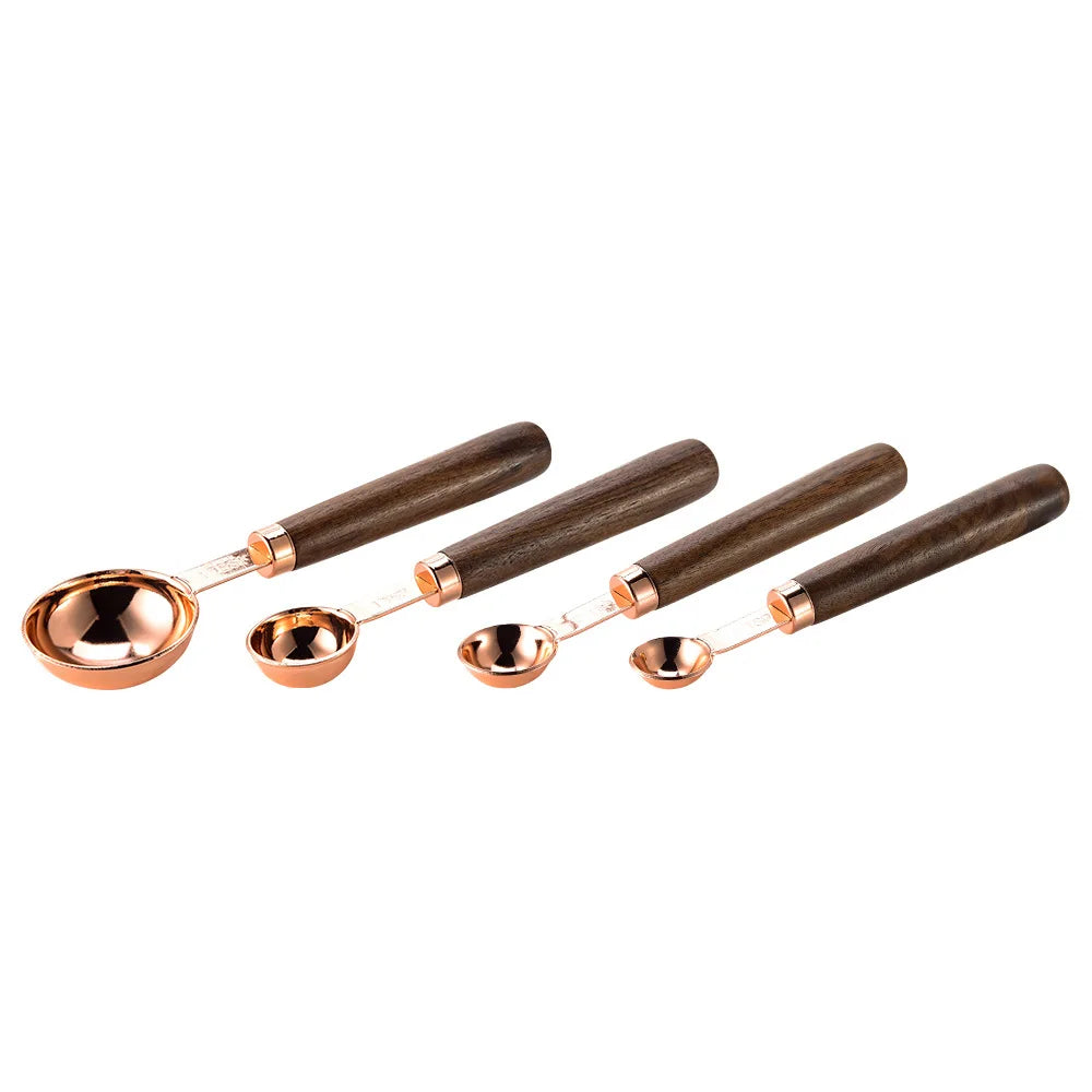 Measuring Spoon Set Wooden Handle Stainless Steel Measuring Cups Spoons Baking Tools Coffee Bartending Scale Kitchen Accessories - Slobuy