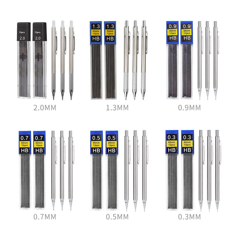 Mechanical Pencil Set 0.3 0.5 0.7 0.9 1.3 2.0mm Full Metal Art Drawing Painting Automatic Pencil with Leads Office School Supply - Slobuy