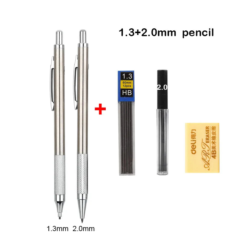 Mechanical Pencil Set 0.3 0.5 0.7 0.9 1.3 2.0mm Full Metal Art Drawing Painting Automatic Pencil with Leads Office School Supply - Slobuy