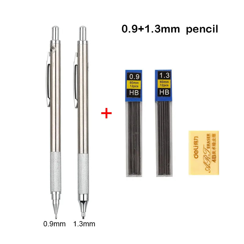 Mechanical Pencil Set 0.3 0.5 0.7 0.9 1.3 2.0mm Full Metal Art Drawing Painting Automatic Pencil with Leads Office School Supply - Slobuy