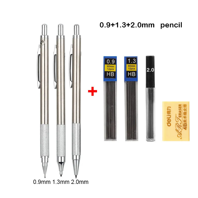 Mechanical Pencil Set 0.3 0.5 0.7 0.9 1.3 2.0mm Full Metal Art Drawing Painting Automatic Pencil with Leads Office School Supply - Slobuy