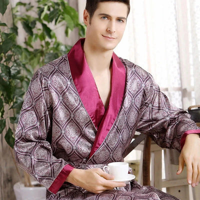 Men Bath Robe Satin Print Gold Kimono Bathrobe Silk Long Dressing Gown Plus Size Sleepwear Geometric Lounge Nightgown XL 4XL 5XL - Slobuy
