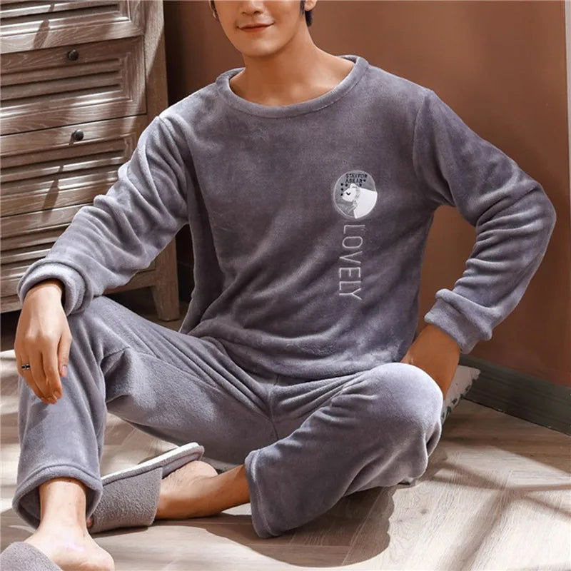 Men Thicken Warm Flannel Pajamas Set Male Long Sleeved Stripe Men'S Autumn Winter Casual Loose Homewear  Men Sleepwear Top - Slobuy