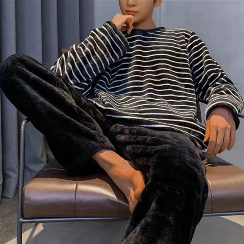 Men Thicken Warm Flannel Pajamas Set Male Long Sleeved Stripe Men'S Autumn Winter Casual Loose Homewear  Men Sleepwear Top - Slobuy