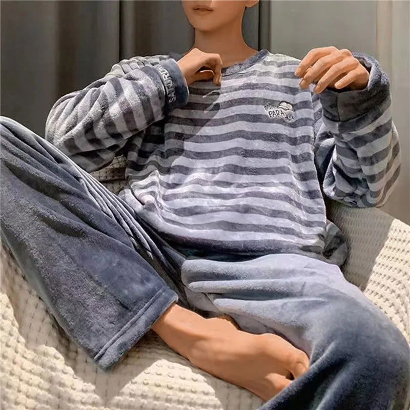 Men Thicken Warm Flannel Pajamas Set Male Long Sleeved Stripe Men'S Autumn Winter Casual Loose Homewear  Men Sleepwear Top - Slobuy