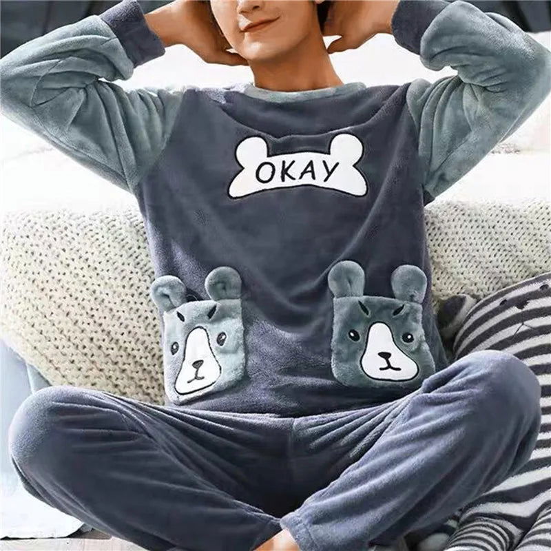 Men Thicken Warm Flannel Pajamas Set Male Long Sleeved Stripe Men'S Autumn Winter Casual Loose Homewear  Men Sleepwear Top - Slobuy