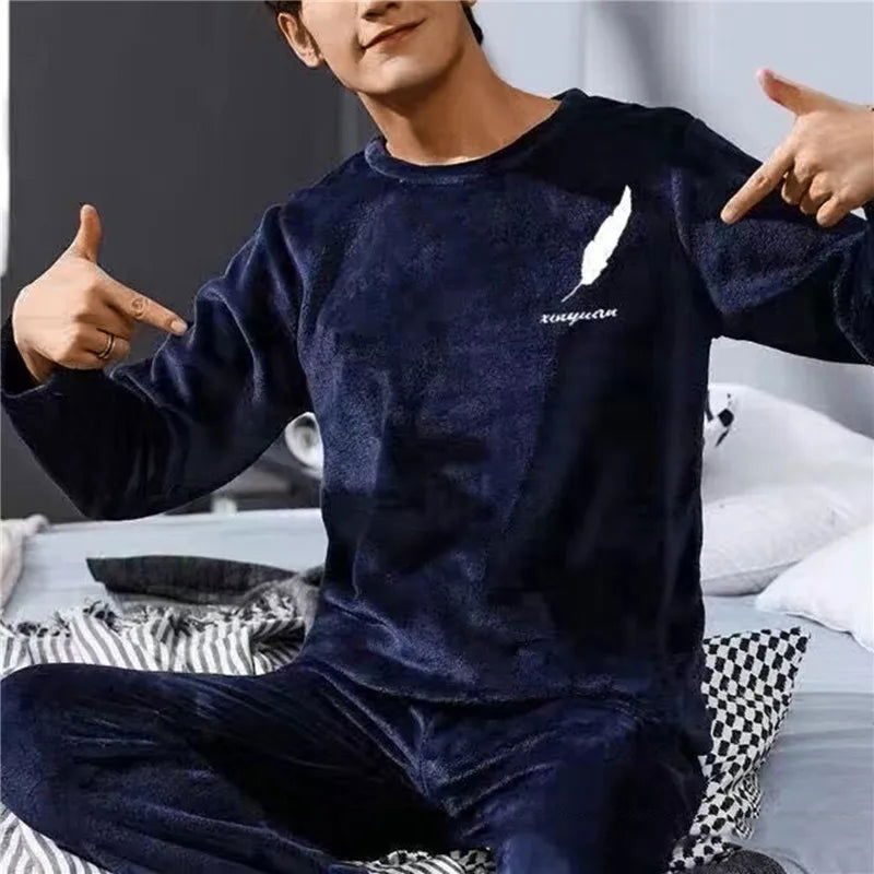 Men Thicken Warm Flannel Pajamas Set Male Long Sleeved Stripe Men'S Autumn Winter Casual Loose Homewear  Men Sleepwear Top - Slobuy