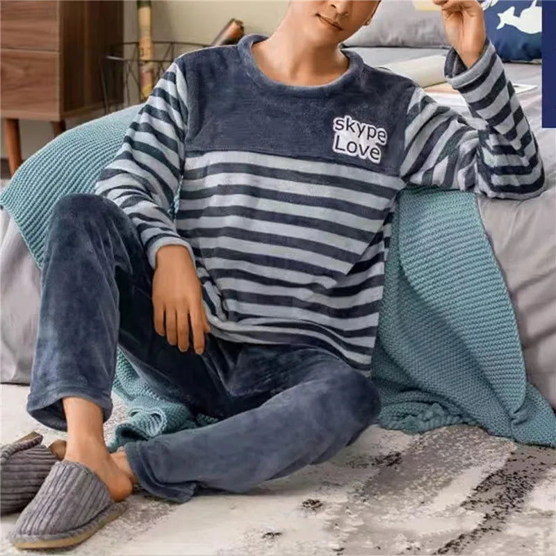 Men Thicken Warm Flannel Pajamas Set Male Long Sleeved Stripe Men'S Autumn Winter Casual Loose Homewear  Men Sleepwear Top - Slobuy