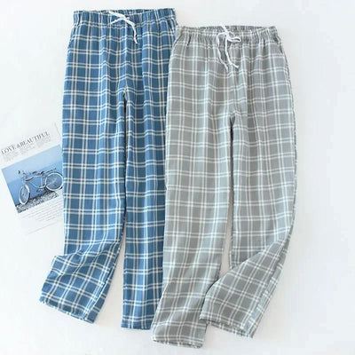 Men's Cotton Gauze Trousers Plaid Knitted Sleep Pants Woman Pajamas Pants Bottoms Sleepwear Short for Couples Pijama Hombre - Slobuy
