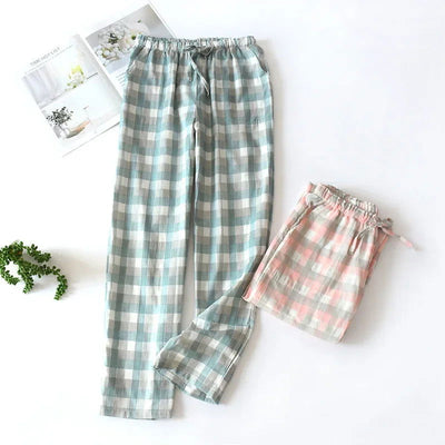 Men's Cotton Gauze Trousers Plaid Knitted Sleep Pants Woman Pajamas Pants Bottoms Sleepwear Short for Couples Pijama Hombre - Slobuy
