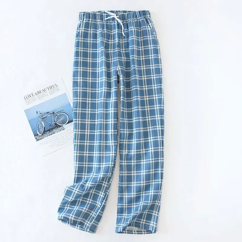 Men's Cotton Gauze Trousers Plaid Knitted Sleep Pants Woman Pajamas Pants Bottoms Sleepwear Short for Couples Pijama Hombre - Slobuy