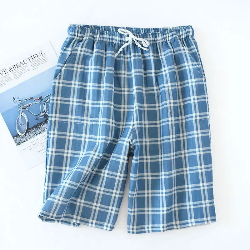 Men's Cotton Gauze Trousers Plaid Knitted Sleep Pants Woman Pajamas Pants Bottoms Sleepwear Short for Couples Pijama Hombre - Slobuy