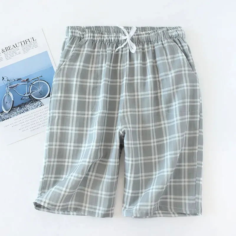 Men's Cotton Gauze Trousers Plaid Knitted Sleep Pants Woman Pajamas Pants Bottoms Sleepwear Short for Couples Pijama Hombre - Slobuy